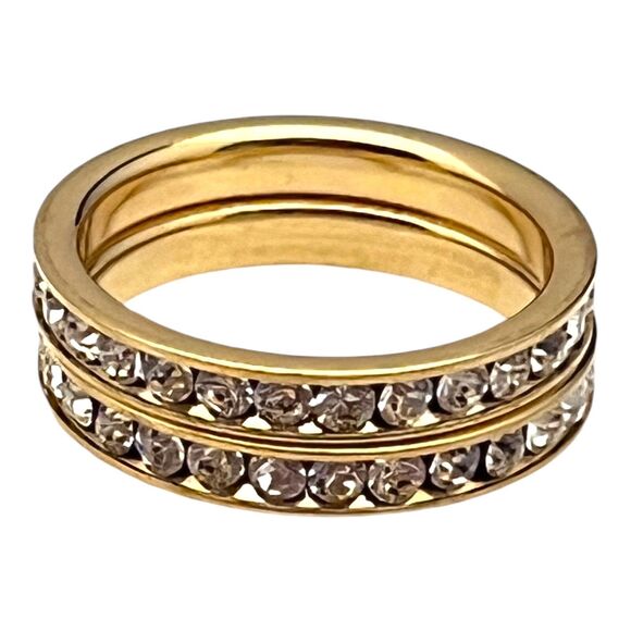 DESIGNER Ring Size 6.5 Two Stackable Bands Gold Simulated Diamonds 2P - Picture 2 of 8